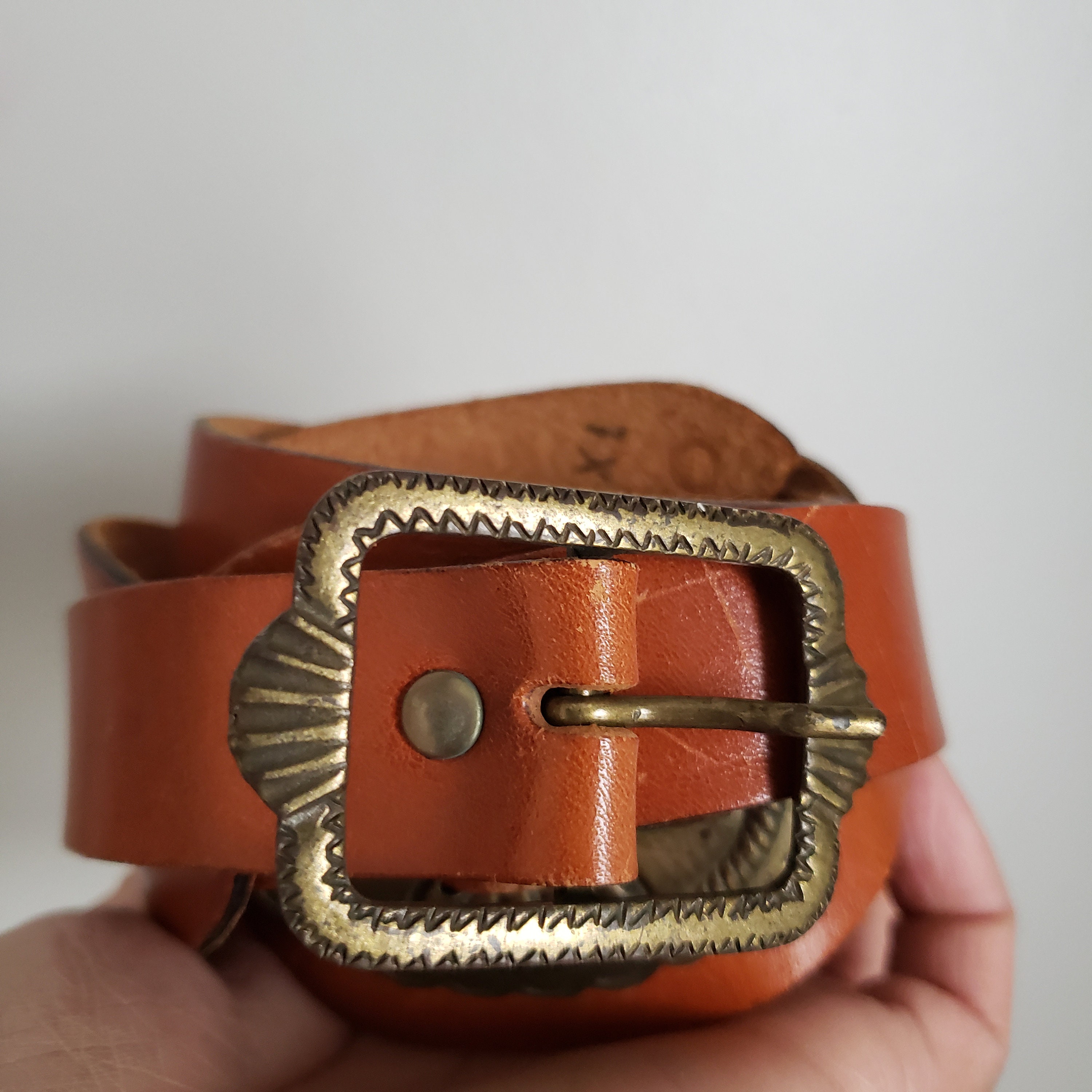 Vintage Boho Genuine Leather Brass Plate Accent Belt Made in  display picture 1