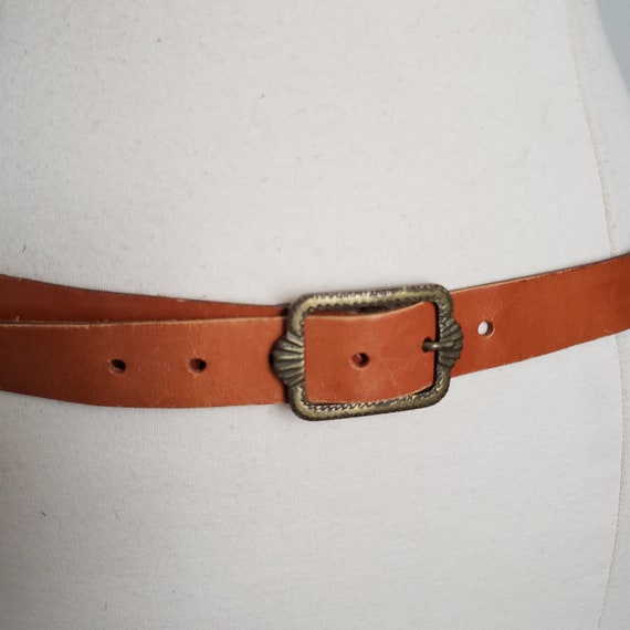 Vintage Boho Genuine Leather Brass Plate Accent Belt Made in  display picture 1