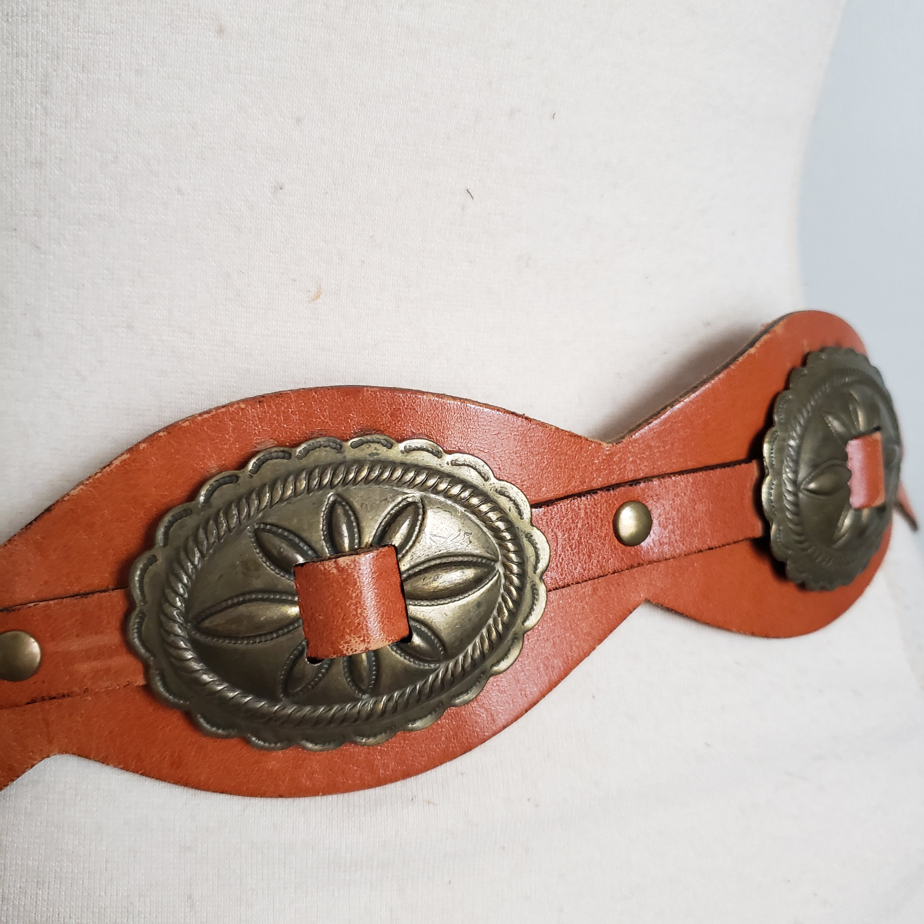 Vintage Boho Genuine Leather Brass Plate Accent Belt Made in  display picture 3