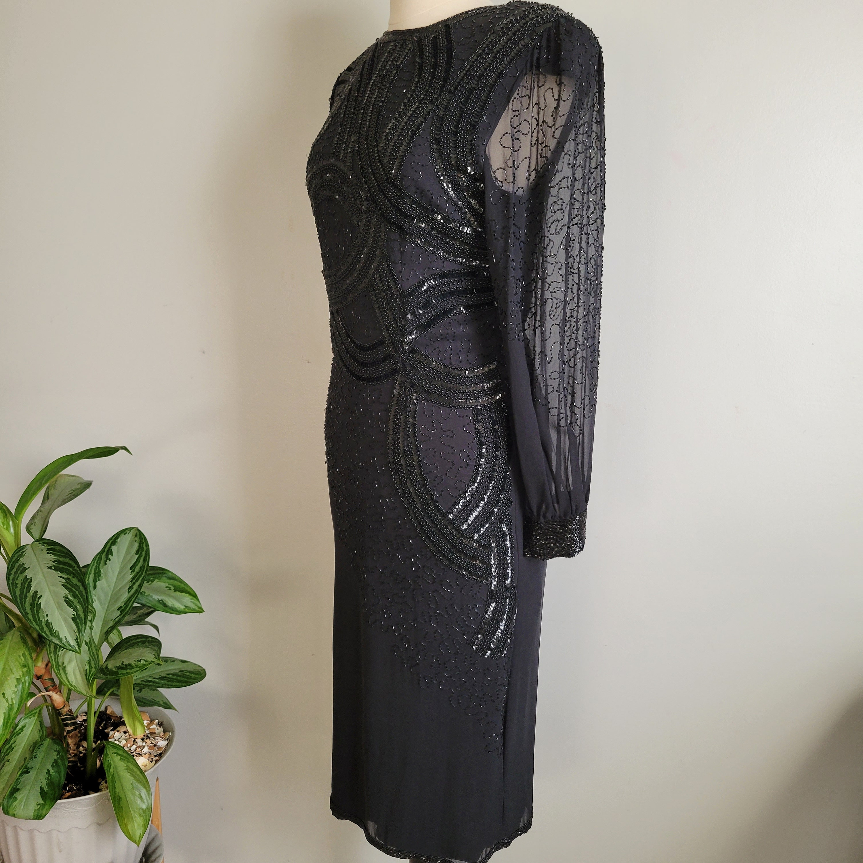 vintage black beaded dress 1990s Black Beaded Shift Gown, sz. S  Lost Girls Vintage