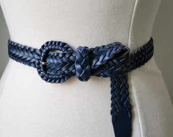 Vintage Genuine Leather Blue Braided Woven Boho Belt Sz SM