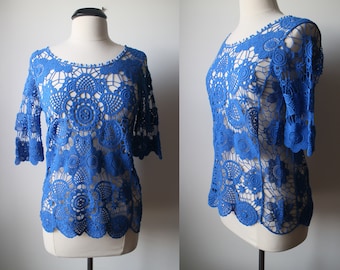VINTAGE 90s Blue Cotton Boho Crocheted 3/4 sleeves Top Sz M