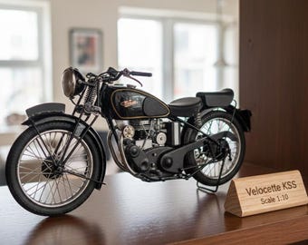 KSS Velocette Miniature Motorcycle, Recycled Metal Art Sculpture (1:10 Scale)