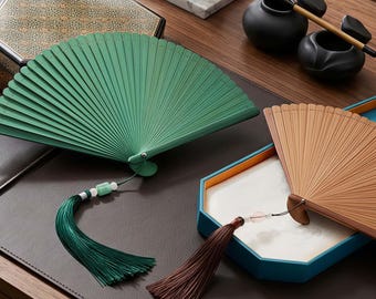 Handmade Bamboo Folding Fan, Glass Tassel, Ancient Chinese Style, Hanfu Accessory, 7in