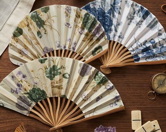 Vintage Floral Folding Fan with Tassel, Satin Bamboo Hand Fan