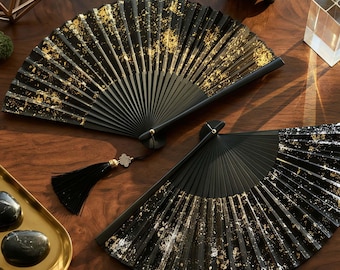 Black Silk Folding Fan with Gold Foil Splatter, Tassel Detail, Japanese Zen Accessory