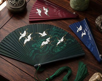 Handcrafted Bamboo Folding Fan, Crane Dance Silk Art, Wedding Dance Prop