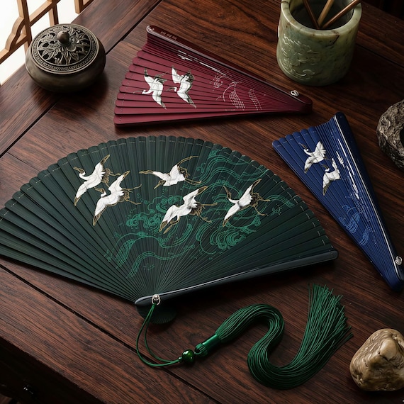 Handcrafted Bamboo Folding Fan, Crane Dance Silk Art, Wedding Dance Prop
