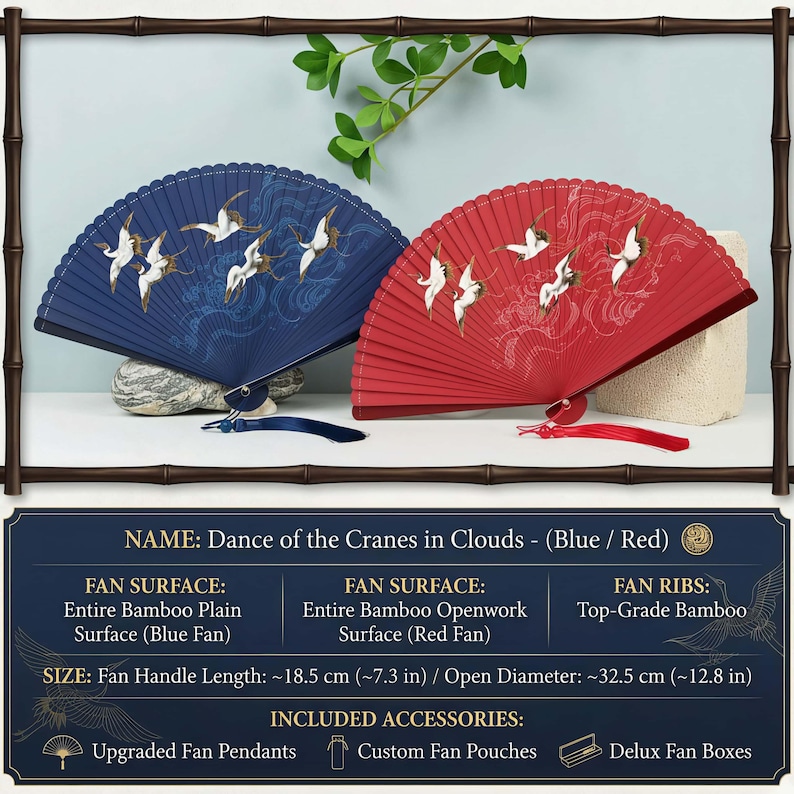 May include: Two decorative folding fans, one blue and one red, with a crane design. The blue fan has a plain surface, while the red fan has an openwork design. The open diameter is approximately 32.5 cm.
