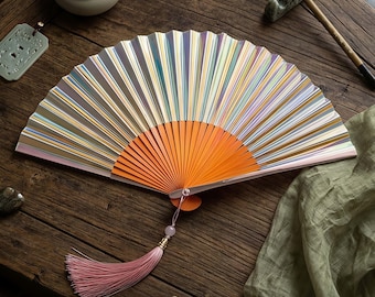 Ventaglio olografico in bambù, PVC laser riflettente, lunghezza piegata 8,5", accessorio per festival di danza