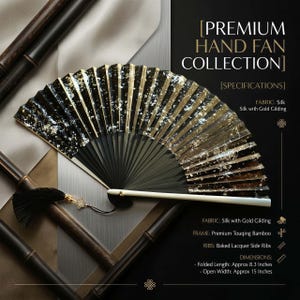 May include: A black and gold hand fan from the Premium Hand Fan Collection. The fan is made of silk with gold gilding and premium Touqing bamboo. Folded length is approximately 8.3 inches, and open width is approximately 15 inches.
