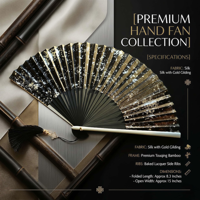 May include: A black and gold hand fan from the Premium Hand Fan Collection. The fan is made of silk with gold gilding and premium Touqing bamboo. Folded length is approximately 8.3 inches, and open width is approximately 15 inches.