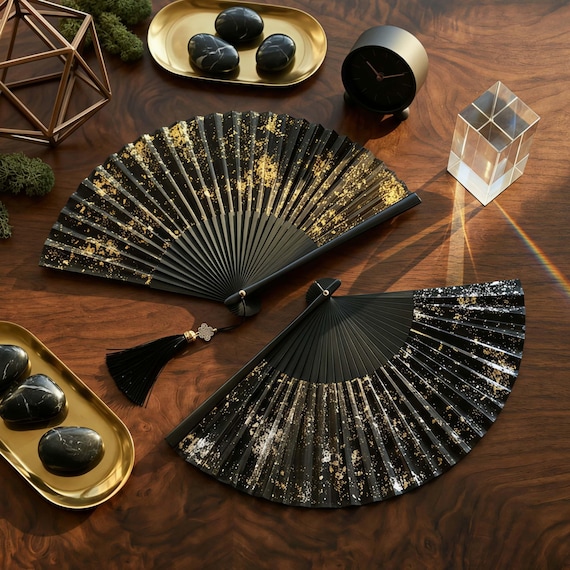 Black Silk Folding Fan with Gold Foil Splatter, Tassel Detail, Japanese Zen Accessory