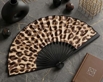Leopard Print Bamboo Folding Fan – Satin Fabric, Chic Animal Accessory
