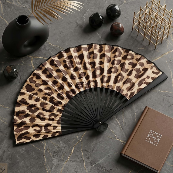Leopard Print Bamboo Folding Fan – Satin Fabric, Chic Animal Accessory