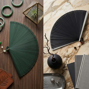 All-Bamboo Folding Fan with Tassel, Minimalist Hand for Weddings, Dark Green Silk image 4