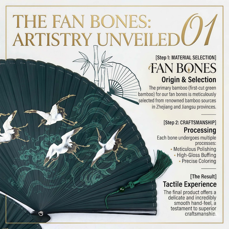 May include: A dark green hand fan with a detailed illustration of cranes in flight. The fan features the text "THE FAN BONES: ARTISTRY UNVEILED" and information about the fan's origin and craftsmanship. A green tassel hangs from the handle.