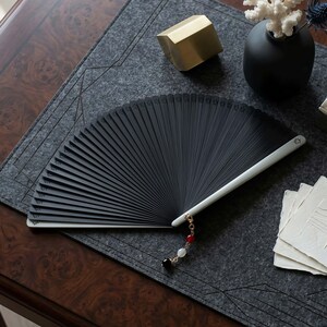 All-Bamboo Folding Fan with Tassel, Minimalist Hand for Weddings, Dark Green Silk Black with Silver