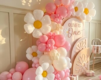 Daisy ballonslingerset, roze bloemboog, 119-delige witte en macaronroze ballondecor voor babyshower, verjaardag, bruidsdouche
