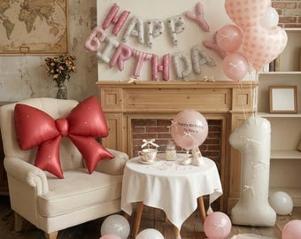 Juego de globos de cumpleaños con lazo de ballet, elige el número del 0 al 9, fondo de fiesta de corazones a cuadros, rosa, azul y rojo.