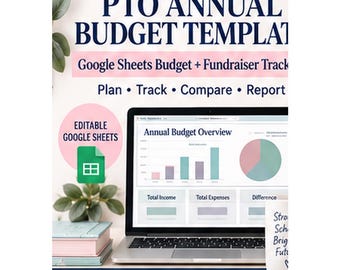 May include: A digital PTO Annual Budget Template for Google Sheets featuring a laptop displaying an Annual Budget Overview with bar and pie charts. The text reads THE PLANNING POST, PTO ANNUAL BUDGET TEMPLATE, Google Sheets Budget + Fundraiser Tracker, Plan, Track, Compare, Report, and EDITABLE GOOGLE SHEETS.