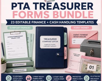 PTA Treasurer Forms Bundle: 23 Editable Finance and Cash Handling Templates