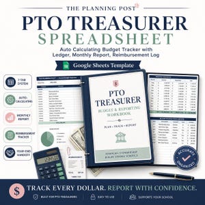 Pode incluir: Um modelo de planilha digital para tesoureiros de PTO no Google Sheets com rastreador de orçamento, livro-razão e relatório mensal. A imagem mostra um fichário intitulado PTO Treasurer Budget & Reporting Workbook, uma calculadora e tabelas.