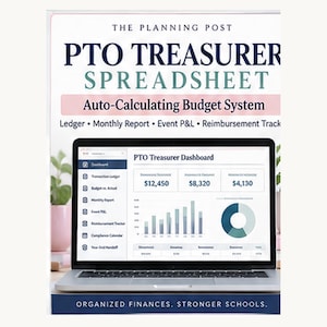 May include: A digital PTO Treasurer Spreadsheet featuring an auto-calculating budget system. The screen displays a dashboard with financial data, including a bar chart, a pie chart, and numerical values for revenue, expenses, and balance.