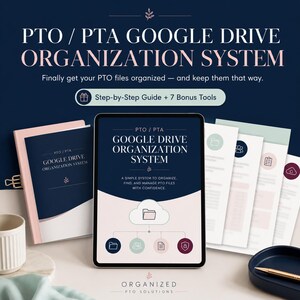 May include: A digital organisation system for PTO and PTA groups, featuring a tablet displaying a file management guide, a matching notebook, and printed document templates. The design uses a navy blue, soft pink, and white colour palette.