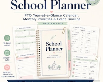 School Planner | PTA Year-at-a-Glance Calendar, Monthly Priorities & Event Timeline, Printable PDF