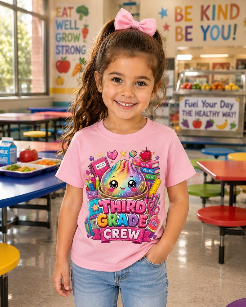 May include: A light pink t-shirt featuring a colorful graphic of a smiling, rainbow-colored dumpling surrounded by school supplies like books, pencils, and an apple, with the text "THIRD GRADE CREW" printed in bold, glittery pink letters.