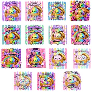 May include: A collection of fourteen square stickers featuring colourful, smiling dumpling characters in bamboo steamers. Each sticker includes whimsical text such as Sprinkle Kindness, You're Magic, Be a Rainbow, Shine Bright, and Dream Big, surrounded by stars, hearts, and rainbows.