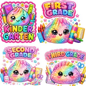 May include: Four colorful illustrations featuring rainbow-colored, glittery, smiling dumpling characters surrounded by school supplies like pencils, notebooks, glue, and scissors, with text labels for Kindergarten, First Grade, Second Grade, and Third Grade.