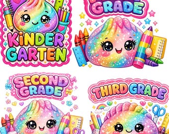 Glitter Dumpling School Bundle PNG, Kindergarten to Fourth Grade, Kawaii Back to School Shirt Design,Instant Download