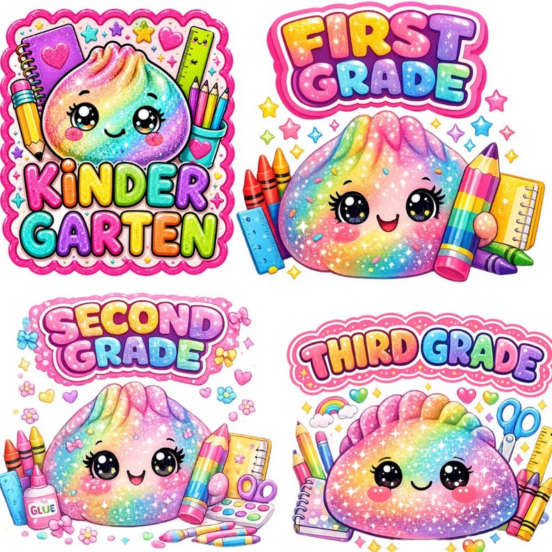 May include: Four colorful illustrations featuring rainbow-colored, glittery, smiling dumpling characters surrounded by school supplies like pencils, notebooks, glue, and scissors, with text labels for Kindergarten, First Grade, Second Grade, and Third Grade.