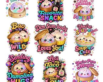 Kawaii Dumpling PNG Bundle, Cute Food Lover Sublimation Design, Rainbow Glitter Dumpling Clipart,Funny Quote PNG,Kawaii Digital Download