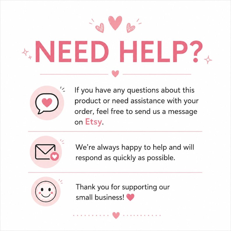 May include: A white informational graphic with pink text and heart icons. The header reads NEED HELP? followed by three sections: a speech bubble with a heart, an envelope with a heart, and a smiley face icon, each with text about Etsy support.
