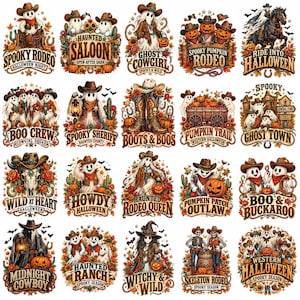 Può includere: Una collezione di venti illustrazioni di Halloween a tema western con fantasmi, scheletri, zucche e cowboy. Ogni disegno incorpora elementi come cappelli, stivali, girasoli e cactus con testi come Spooky Rodeo e Ghost Town.