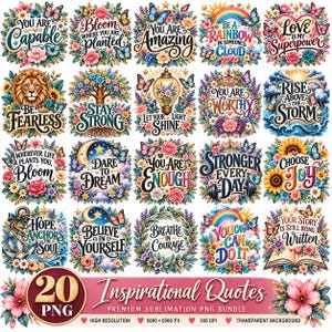 Könnte beinhalten: Eine Sammlung von 20 digitalen Grafikdesigns mit Blumenkränzen, Schmetterlingen und inspirierenden Zitaten wie You Are Capable, Be Fearless und Choose Joy, in einem Rasterlayout mit einem Banner 20 Inspirational Quotes.