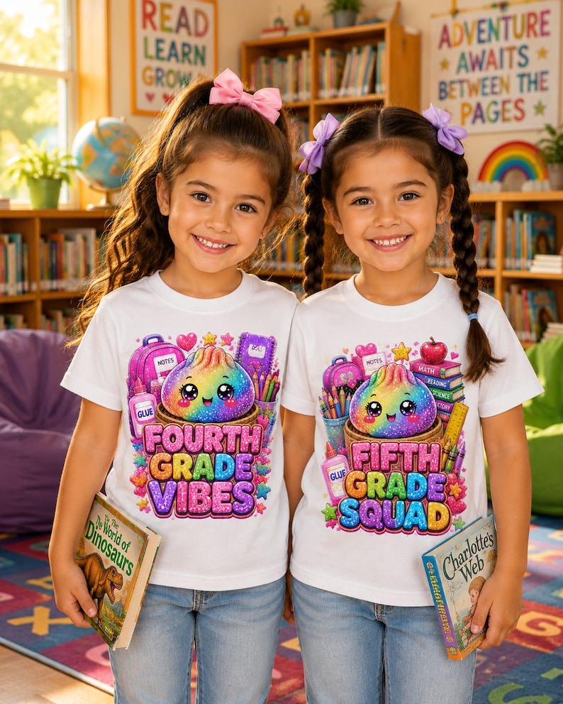 May include: Two white short-sleeve t-shirts featuring colorful graphic prints. One shirt displays a rainbow dumpling with school supplies and the text 'FOURTH GRADE VIBES'. The other shirt shows a similar design with the text 'FIFTH GRADE SQUAD'.