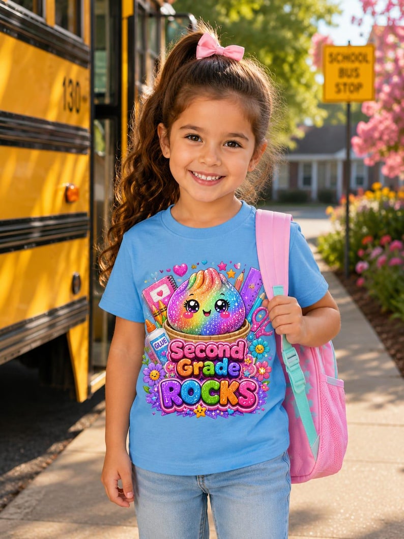 May include: A light blue t-shirt featuring a colorful graphic of a smiling, rainbow-colored character in a basket surrounded by school supplies like glue, scissors, and a notebook, with the text Second Grade ROCKS printed in bold, vibrant letters.