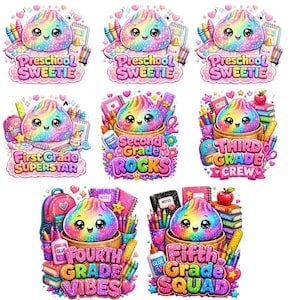 May include: A collection of eight colorful cartoon stickers featuring rainbow-colored dumpling characters with large eyes, surrounded by school supplies like glue, pencils, and books, with text labels ranging from Preschool Sweetie to Fifth Grade Squad.
