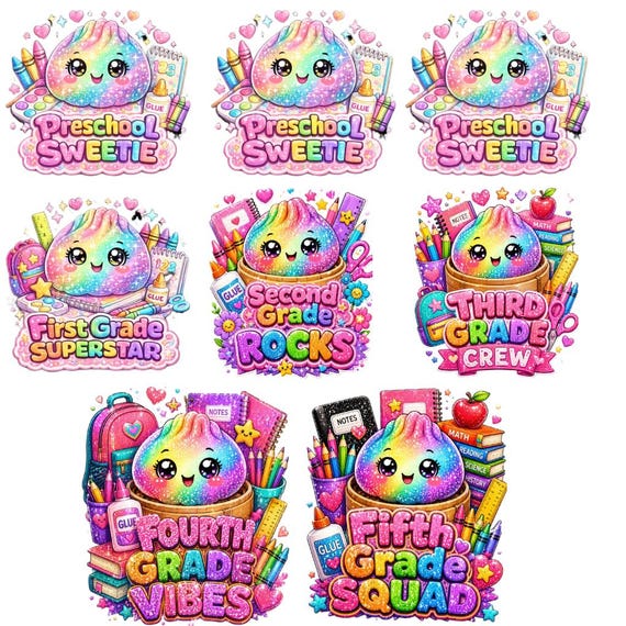 Cute Kawaii Dumpling Back to School PNG Bundle, Preschool to 5th Grade Shirt PNG, Teacher Sublimation Design, Instant Download
