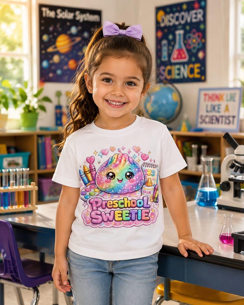 May include: A white short-sleeved t-shirt featuring a colorful graphic of a smiling, rainbow-colored dumpling surrounded by art supplies, including crayons, a paint palette, and glue, with the text "Preschool SWEETIE" printed in a playful font.