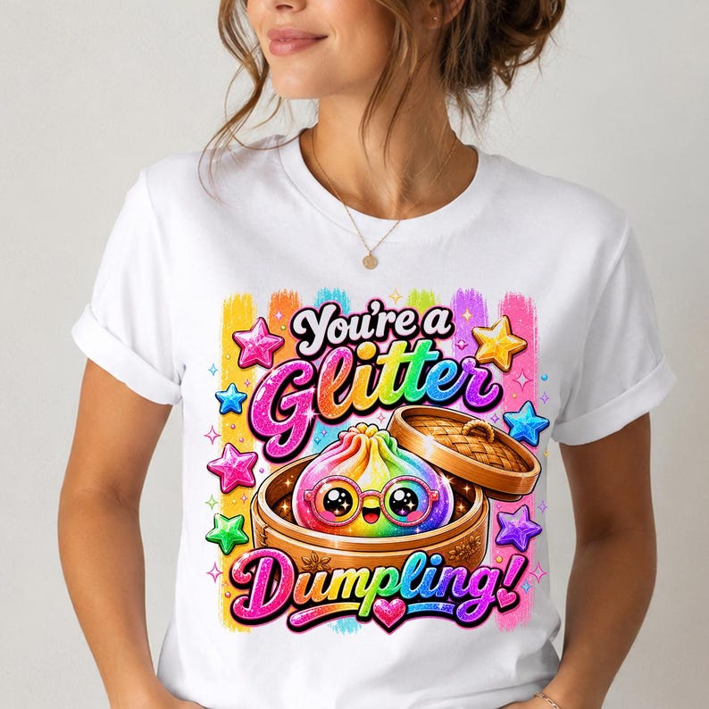 May include: A white t-shirt featuring a colorful graphic of a rainbow-colored dumpling with large eyes and glasses inside a bamboo steamer. The text reads "You're a Glitter Dumpling!" surrounded by vibrant, multi-colored stars and brush strokes.