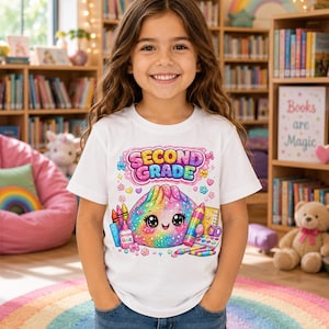 May include: A white short-sleeve t-shirt featuring a colorful graphic of a smiling, rainbow-patterned dumpling character surrounded by school supplies like crayons, glue, and a pencil case, with the text SECOND GRADE printed above in bold letters.