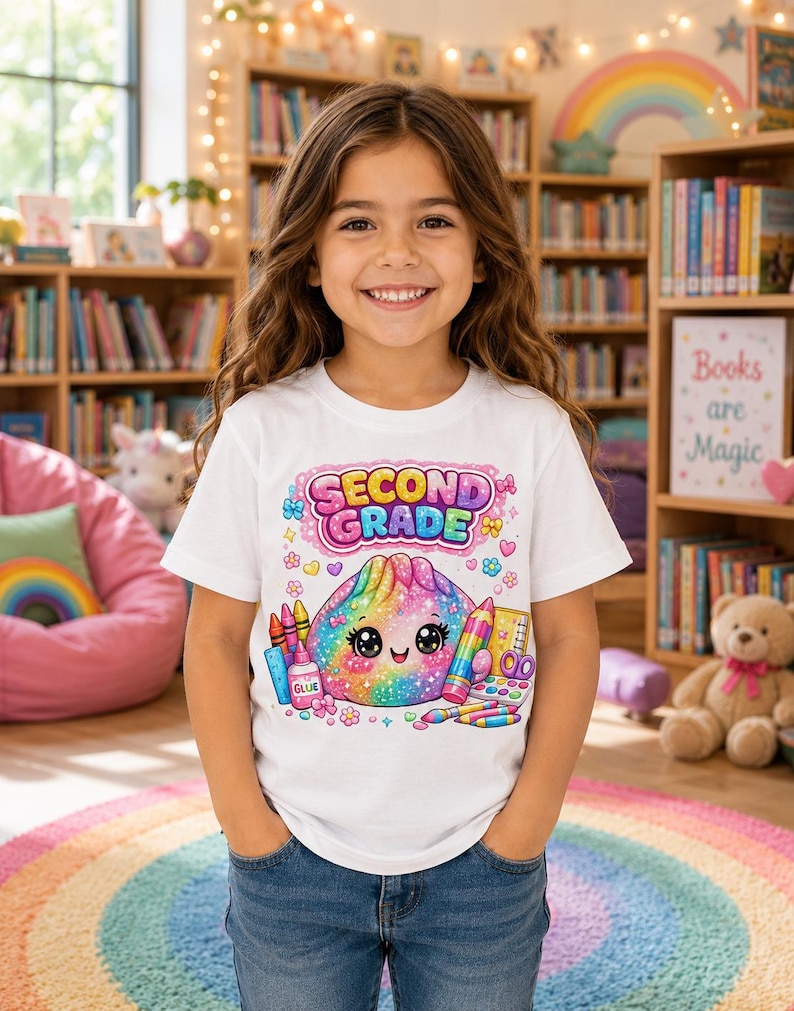 May include: A white short-sleeve t-shirt featuring a colorful graphic of a smiling, rainbow-patterned dumpling character surrounded by school supplies like crayons, glue, and a pencil case, with the text SECOND GRADE printed above in bold letters.