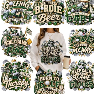 May include: A white long-sleeve sweatshirt featuring a central graphic of a golf ball wearing sunglasses and a cap, with the text 'KEEP CALM AND BLAME THE CLUBS'. The design is surrounded by various golf-themed illustrations and slogans.