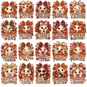 May include: A collection of twenty digital illustrations featuring cartoon characters with large eyes and bows, surrounded by autumn elements like pumpkins, leaves, and acorns. Each design includes text such as Fall Girl, Pumpkin Cutie, and Thankful.