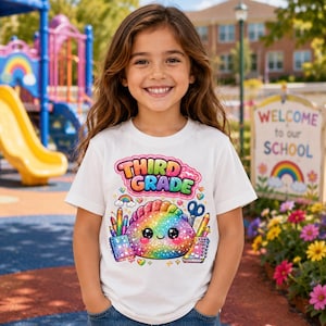 May include: A white t-shirt featuring a colorful graphic of a rainbow-colored, glittery, smiling dumpling character surrounded by school supplies like pencils, scissors, and notebooks, with the text "THIRD GRADE" in a pink bubble font above.